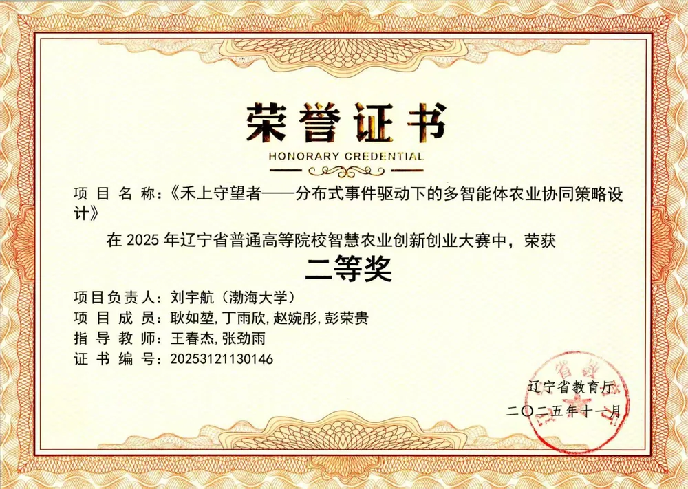 2025 辽宁省智慧农业创新创业大赛二等奖
